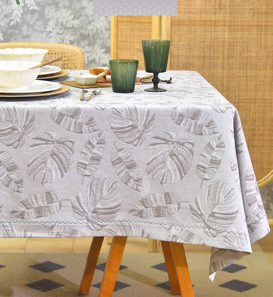 Monstera Leaf Modern Table Cloths for Kitchen, Simple Contemporary Grey Cotton Tablecloth, Large Rectangle Table Covers for Dining Room Table, Square Tablecloth for Round Table-HomePaintingDecor