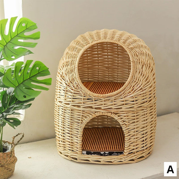 Large Double-Layer Cat Bed, Wicker Cat House Basket with Washable Cushion for Indoor Cats and Dogs-HomePaintingDecor