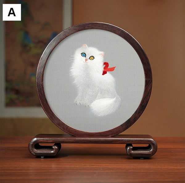 Unique Birthday Gift, Traditional Chinese Suzhou Kitten Embroidery Ornament, Lovely Kitty Cat Embroidered Decor, Premium Souvenir, Exclusive Business Present-HomePaintingDecor