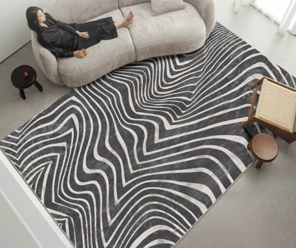 Abstract Contemporary Rugs for Bedroom, Black Stripe Area Rugs under Sofa, Mid Century Area Rugs for Living Room, Modern Carpets for Office, Dining Room Floor Rugs-HomePaintingDecor
