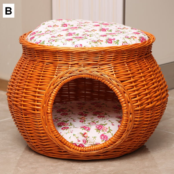 Rattan Cat Bed, Wicker Cat House Basket with Washable Cushion for Indoor Cats and Dogs-HomePaintingDecor