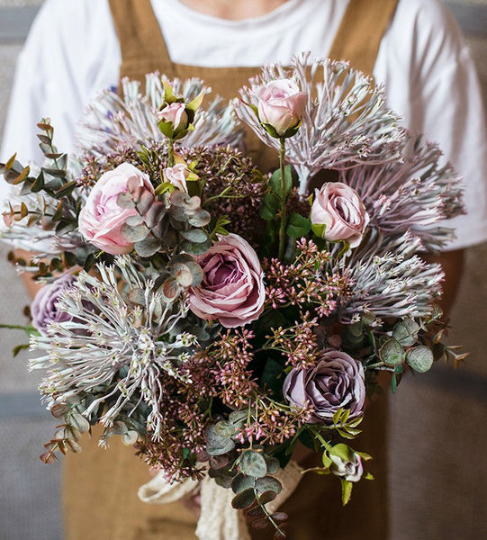Modern Artificial Flowers for Home Decoration, Rose Flowers, Eucalyptus Globulus, Holly Leaf, Bedroom Flower Arrangement Ideas, Spring Flower Arrangement for Living Room-HomePaintingDecor