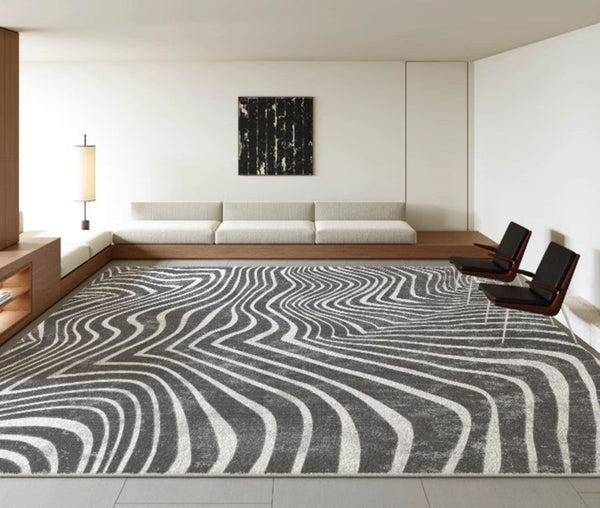Mid Century Area Rugs for Living Room, Black Stripe Area Rugs under Sofa, Abstract Contemporary Rugs for Bedroom, Modern Carpets for Office, Dining Room Floor Rugs-HomePaintingDecor