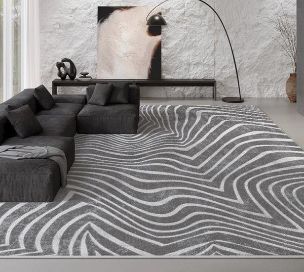 Abstract Contemporary Rugs for Bedroom, Black Stripe Area Rugs under Sofa, Mid Century Area Rugs for Living Room, Modern Carpets for Office, Dining Room Floor Rugs-HomePaintingDecor