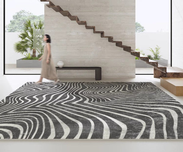 Abstract Contemporary Rugs for Bedroom, Black Stripe Area Rugs under Sofa, Mid Century Area Rugs for Living Room, Modern Carpets for Office, Dining Room Floor Rugs-HomePaintingDecor