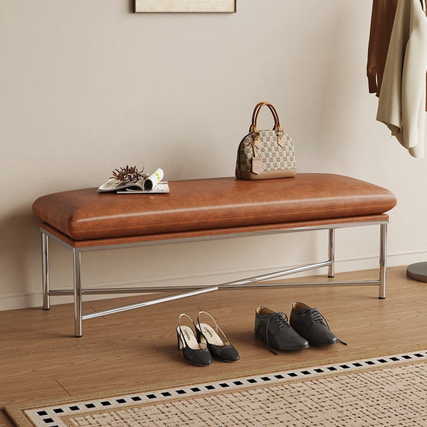 Contemporay Bedroom Bench, Upholstered Shoe Bench, Luxury Genuine Leather Entry Bench, Narrow Entryway Bench, Modern Shoe Changing Ottoman, Mid-Century Hall Bench-HomePaintingDecor