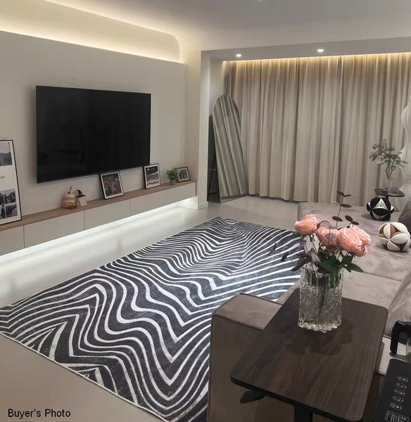Abstract Contemporary Rugs for Bedroom, Black Stripe Area Rugs under Sofa, Mid Century Area Rugs for Living Room, Modern Carpets for Office, Dining Room Floor Rugs-HomePaintingDecor