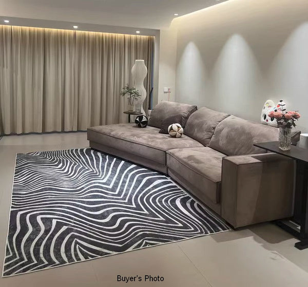 Abstract Contemporary Rugs for Bedroom, Black Stripe Area Rugs under Sofa, Mid Century Area Rugs for Living Room, Modern Carpets for Office, Dining Room Floor Rugs-HomePaintingDecor
