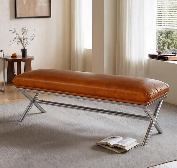 Upholstered Shoe Bench, Contemporay Bedroom Bench, Luxury Genuine Leather Entry Bench, Narrow Entryway Bench, Modern Shoe Changing Ottoman, Mid-Century Hall Bench-HomePaintingDecor