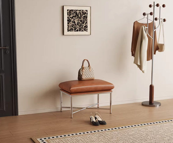 Contemporay Bedroom Bench, Upholstered Shoe Bench, Luxury Genuine Leather Entry Bench, Narrow Entryway Bench, Modern Shoe Changing Ottoman, Mid-Century Hall Bench-HomePaintingDecor