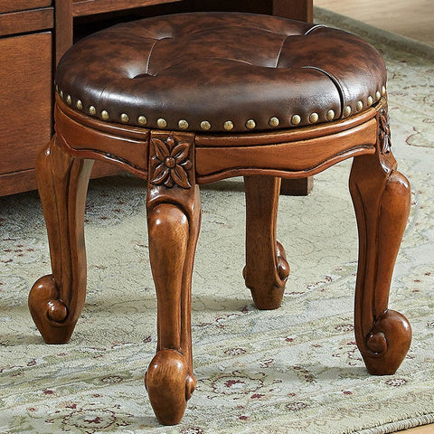 Genuine Leather Solid Wood Entry Bench, Vintage Round Stool, Solid Wood Ottoman, Rubberwood Entry Bench, Vanity Stool-HomePaintingDecor