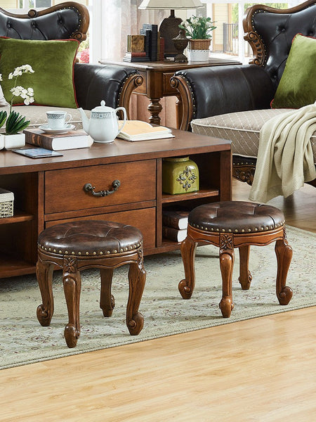 Genuine Leather Solid Wood Entry Bench, Vintage Round Stool, Solid Wood Ottoman, Rubberwood Entry Bench, Vanity Stool-HomePaintingDecor