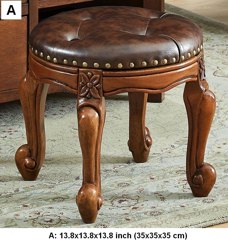 Genuine Leather Solid Wood Entry Bench, Vintage Round Stool, Solid Wood Ottoman, Rubberwood Entry Bench, Vanity Stool-HomePaintingDecor