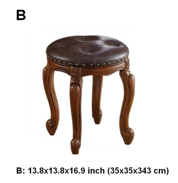 Genuine Leather Solid Wood Entry Bench, Vintage Round Stool, Solid Wood Ottoman, Rubberwood Entry Bench, Vanity Stool-HomePaintingDecor