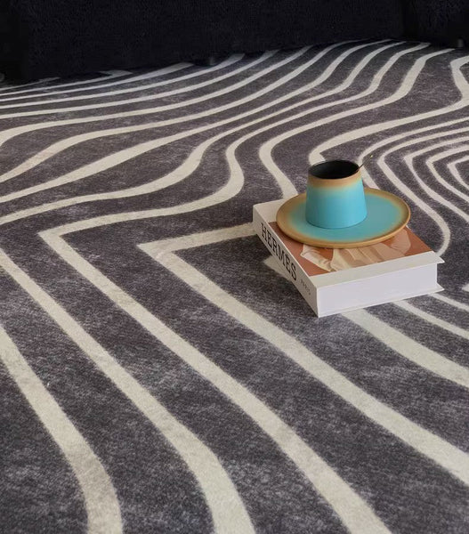 Abstract Contemporary Rugs for Bedroom, Black Stripe Area Rugs under Sofa, Mid Century Area Rugs for Living Room, Modern Carpets for Office, Dining Room Floor Rugs-HomePaintingDecor