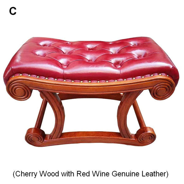 Cherry Wood Footstool, Vintage Leather Stool, Genuine Leather Solid Wood Entry Bench, Long Bench, Vanity Stool, Dressing Table Stool-HomePaintingDecor