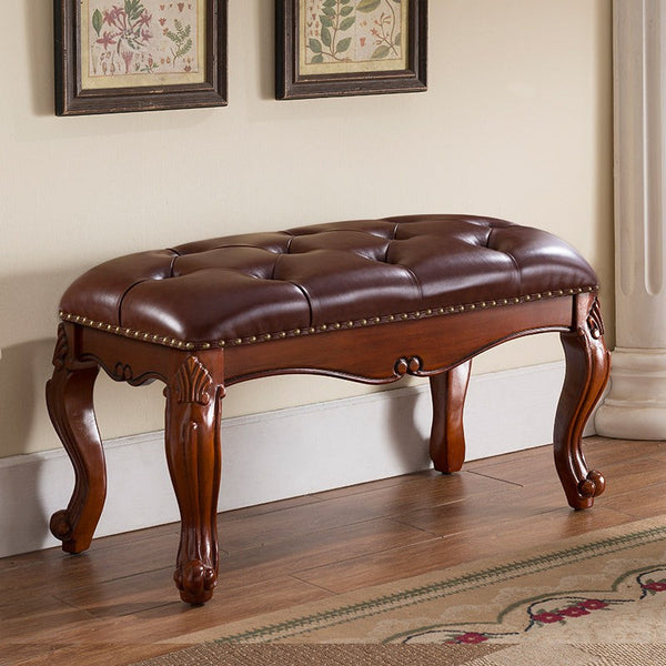 Rubber Wood Footstool, Vintage Brown Leather Stool, Genuine Leather Solid Wood Entry Bench, Farmhouse Entryway Bench, Leather Lounge Chair Modern, Dressing Table Stool-HomePaintingDecor