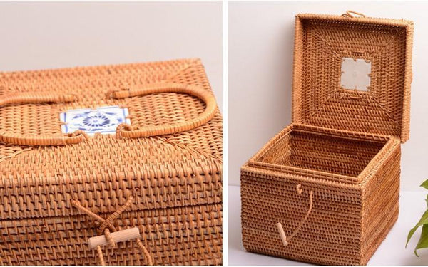 Rattan Wicker Serving Basket, Storage Baskets for Picnic, Kitchen Storage Baskets, Woven Storage Baskets with Lid-HomePaintingDecor