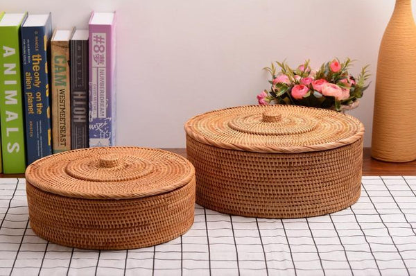 Woven Storage Basket with Lid, Large Rattan Storage Basket, Woven Round Basket for Kitchen-HomePaintingDecor