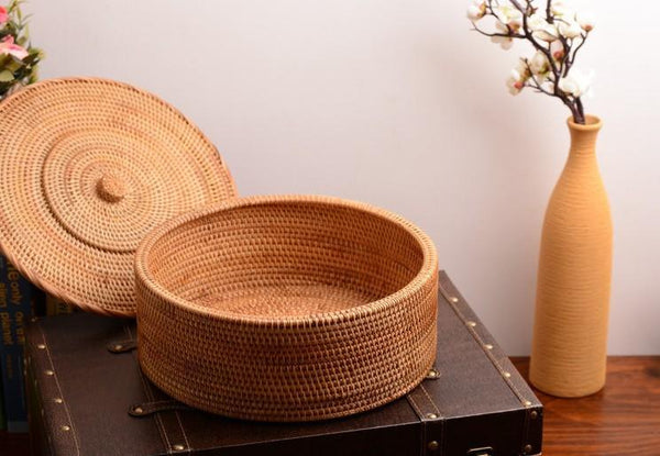 Woven Storage Basket with Lid, Large Rattan Storage Basket, Woven Round Basket for Kitchen-HomePaintingDecor