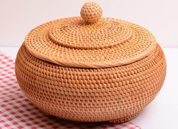 Round Storage Basket, Woven Storage Basket with Lid, Rattan Basket for Kitchen, Wicker Storage Basket-HomePaintingDecor