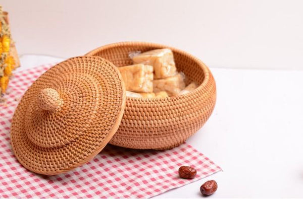 Round Storage Basket, Woven Storage Basket with Lid, Rattan Basket for Kitchen, Wicker Storage Basket-HomePaintingDecor