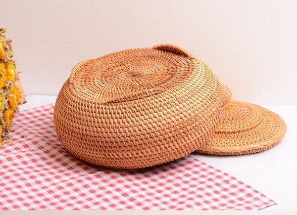 Round Storage Basket, Woven Storage Basket with Lid, Rattan Basket for Kitchen, Wicker Storage Basket-HomePaintingDecor