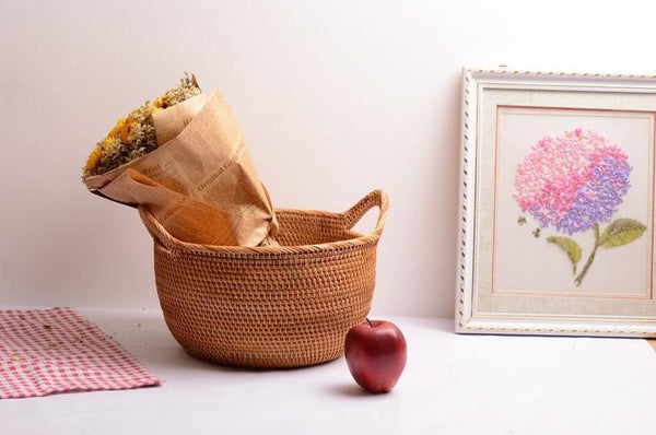 Woven Storage Basket, Kitchen Storage Basket, Large Rattan Basket, Kitchen Storage Ideas, Round Storage Basket-HomePaintingDecor