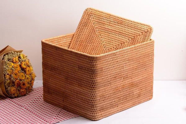 Large Storage Basket for Living Room, Storage Basket for Clothes, Woven Rattan Storage Baskets, Rectangular Storage Basket, Storage Basket with Lid-HomePaintingDecor