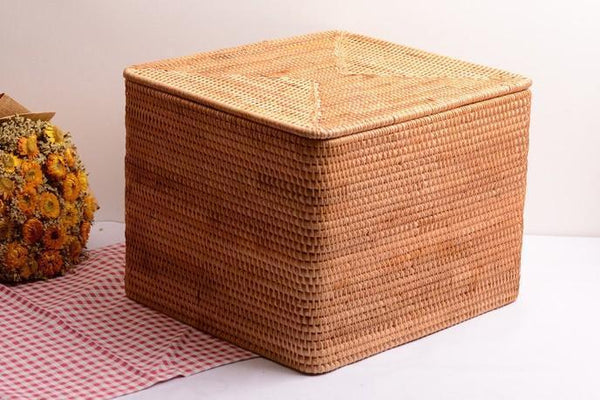 Large Storage Basket for Living Room, Storage Basket for Clothes, Woven Rattan Storage Baskets, Rectangular Storage Basket, Storage Basket with Lid-HomePaintingDecor