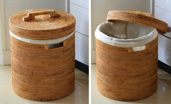 Large Laundry Storage Basket with Lid, Large Rattan Storage Basket for Bathroom, Woven Round Storage Basket for Clothes-HomePaintingDecor
