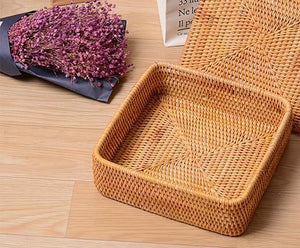 Storage Basket with Lid, Rattan Square Basket, Storage Basket with Lid, Kitchen Storage Baskets-HomePaintingDecor