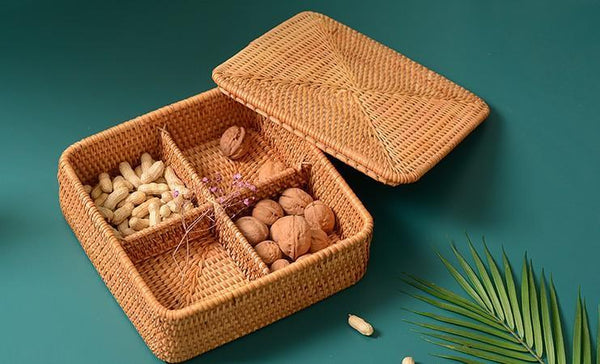 Storage Basket with Lid, Rattan Square Basket, Storage Basket with Lid, Kitchen Storage Baskets-HomePaintingDecor