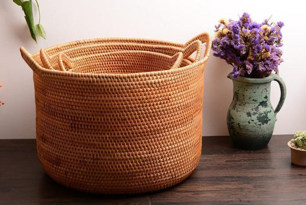 Large Woven Storage Basket with Handle, Large Rattan Basket, Large Round Storage Basket for Bathroom-HomePaintingDecor