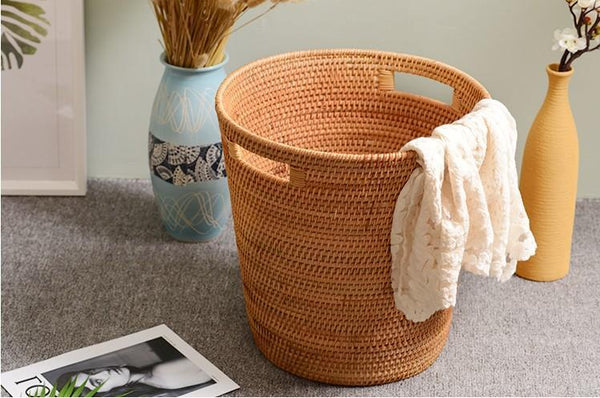 Storage Basket for Bathroom, Large Rattan Storage Basket, Laundry Round Storage Basket, Woven Storage Baskets-HomePaintingDecor