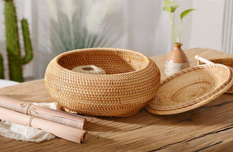 Rattan Storage Basket for Kitchen, Storage Basket for Picnic, Small Storage Baskets, Round Storage Basket with Lid, Woven Storage Baskets-HomePaintingDecor