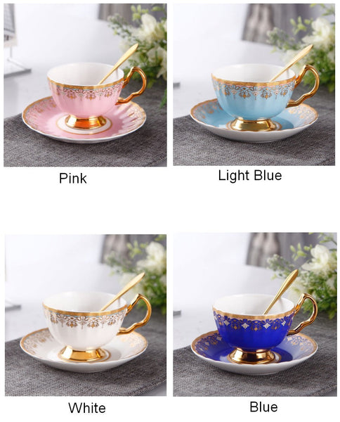 Unique British Tea Cup and Saucer in Gift Box, Pink Blue White Bone China Porcelain Tea Cup Set, Elegant British Ceramic Coffee Cups for Afternoon Tea-HomePaintingDecor