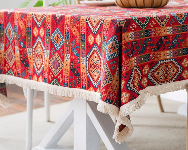 Oriental Red Rectangular Table Covers for Coffee Table, Bohemian Rectangular Tablecloth for Oval Table, Large Modern Linen Tablecloths-HomePaintingDecor