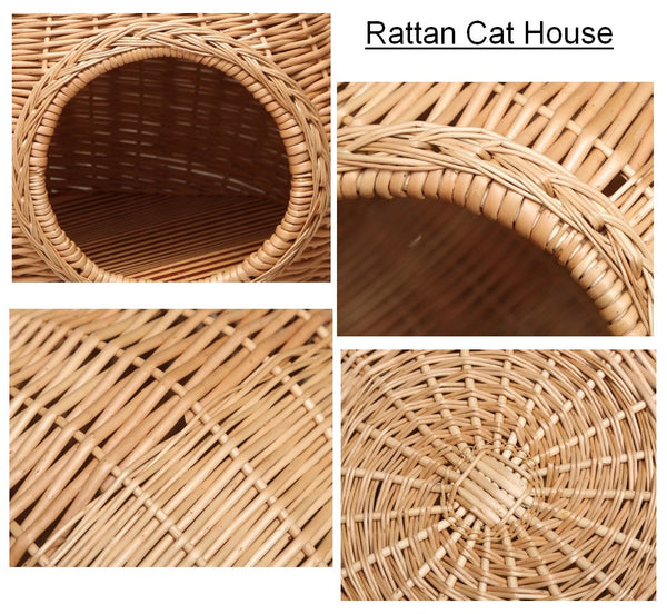 Rattan Cat Bed, Wicker Cat House Basket with Washable Cushion for Indoor Cats and Dogs-HomePaintingDecor