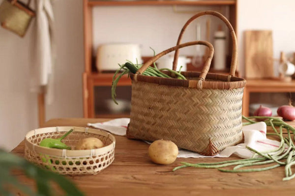 Storage Basket with Handle, Large Kitchen Storage Baskets, Natural Hand-woven Bamboo Storage Basket, Lovely Bamboo Weaving Baskets for Vegetable, Picnic Fruit Storage Baskets-HomePaintingDecor