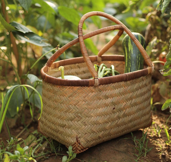 Storage Basket with Handle, Large Kitchen Storage Baskets, Natural Hand-woven Bamboo Storage Basket, Lovely Bamboo Weaving Baskets for Vegetable, Picnic Fruit Storage Baskets-HomePaintingDecor