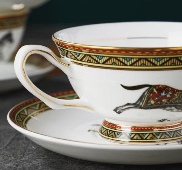 Porcelain Tea Cup and Saucer Set, Elegant British Horse Pattern Coffee Cup with Saucer, Ceramic Tea Cup and Saucer in Gift Box-HomePaintingDecor