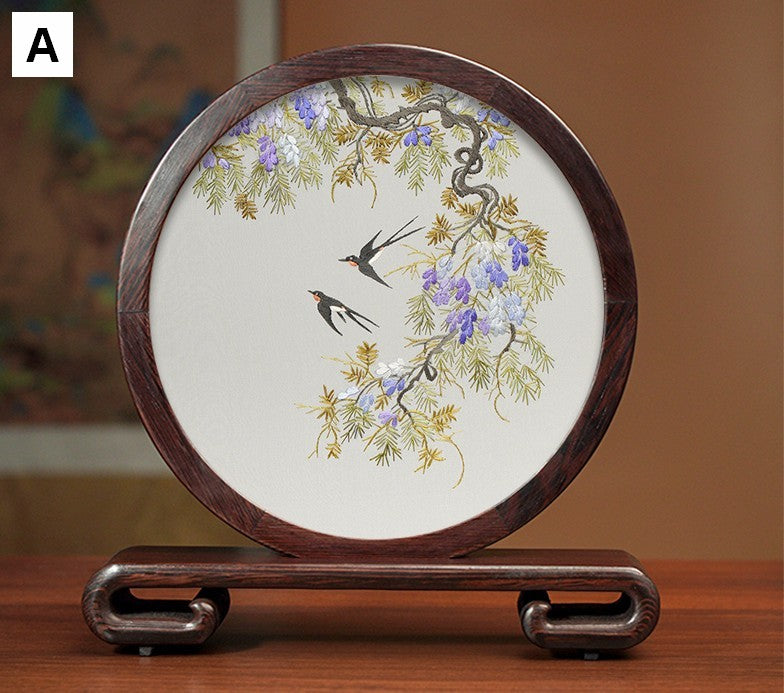 Premium Souvenir, Silk Embroidered Ornament, Exclusive Business Presents, Creative Birthday Gift, Traditional Chinese Suzhou Flower and Birds Embroidery Ornaments-HomePaintingDecor