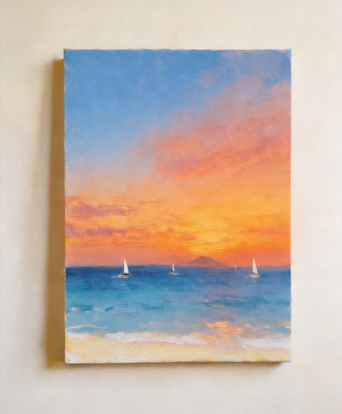 Tranquil Sails Under the Burning Clouds, Hand Painted Canvas Art, Original Seascape Paintings, Small Canvas Artwork, Original Oil Paintings, Buy Small Paintings Online-HomePaintingDecor
