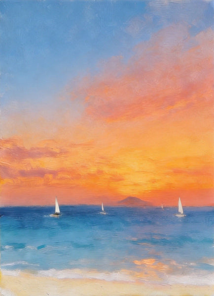 Tranquil Sails Under the Burning Clouds, Hand Painted Canvas Art, Original Seascape Paintings, Small Canvas Artwork, Original Oil Paintings, Buy Small Paintings Online