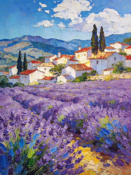 Provence - Lavender Fields and a Slumbering Village, Impasto Paintings, Original Small Paintings on Canvas, Small Oil Paintings, Hand Painted Canvas Art, Landscape Canvas Paintings-HomePaintingDecor