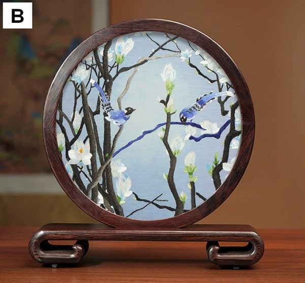 Premium Souvenir, Silk Embroidered Ornament, Exclusive Business Presents, Creative Birthday Gift, Traditional Chinese Suzhou Flower and Birds Embroidery Ornaments-HomePaintingDecor