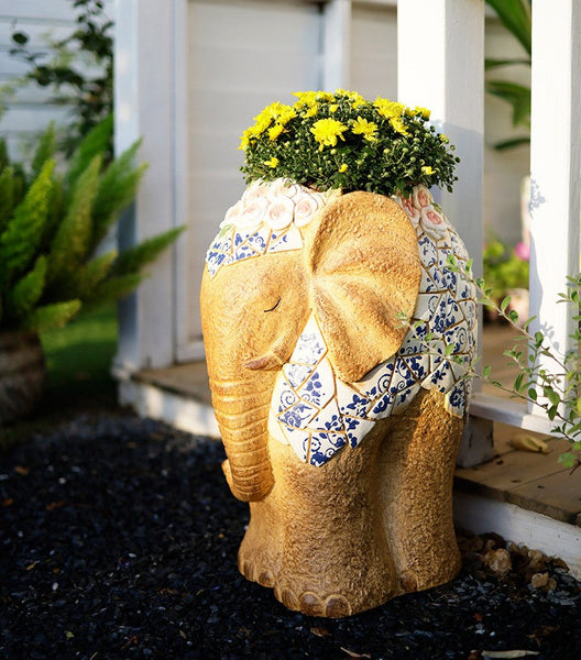 Modern Outdoor Garden Flower Pots, Extra Large Elephant Garden Flowerpots, Oversized Garden Flower Pot, Animal Statue for Garden Ornaments, Large Resin Statue for Garden-HomePaintingDecor