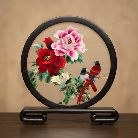 Flower and Bird Embroidered Decor, Unique Birthday Gift, Exclusive Business Present, Traditional Chinese Suzhou Embroidery Ornament, Premium Souvenir-HomePaintingDecor