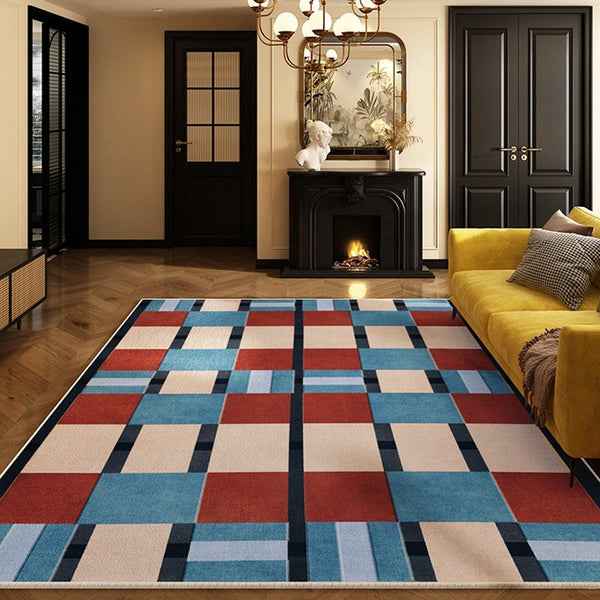 Geometric Modern Rugs for Dining Room, Mid Century Modern Living Room Rugs, Blue Contemporary Area Rugs for Bedroom, Dining Room Floor Carpets-HomePaintingDecor